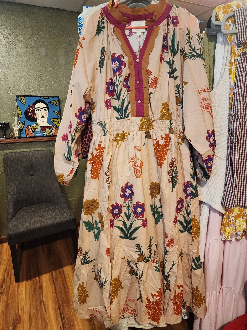 Umgee Cream Bohemian Floral Long Sleeve Maxi Dress with Plum Trim